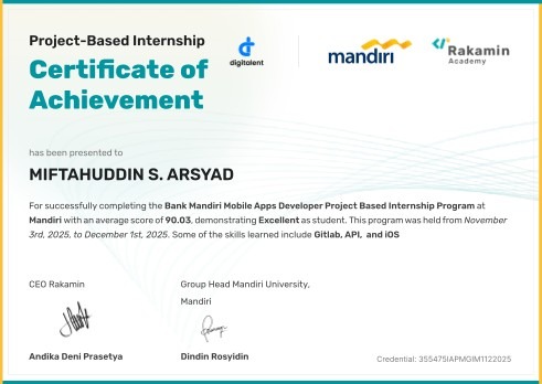 Certificate for Mobile Developer Intern at Bank Mandiri